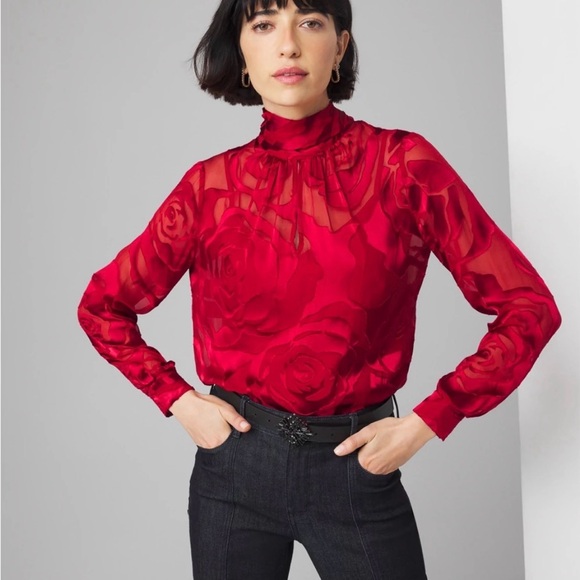 White House/Black Market Tops - Elegant Red Rose Burnout Women's Blouse with detachable tank top. Self Tying